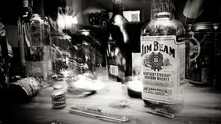 Jim Beam whiskey bottle, whiskey, monochrome, bottles, alcohol