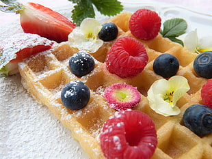 brown waffle, Waffle, Raspberry, Blueberry HD wallpaper