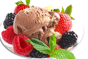 assorted fruits with brown ice cream