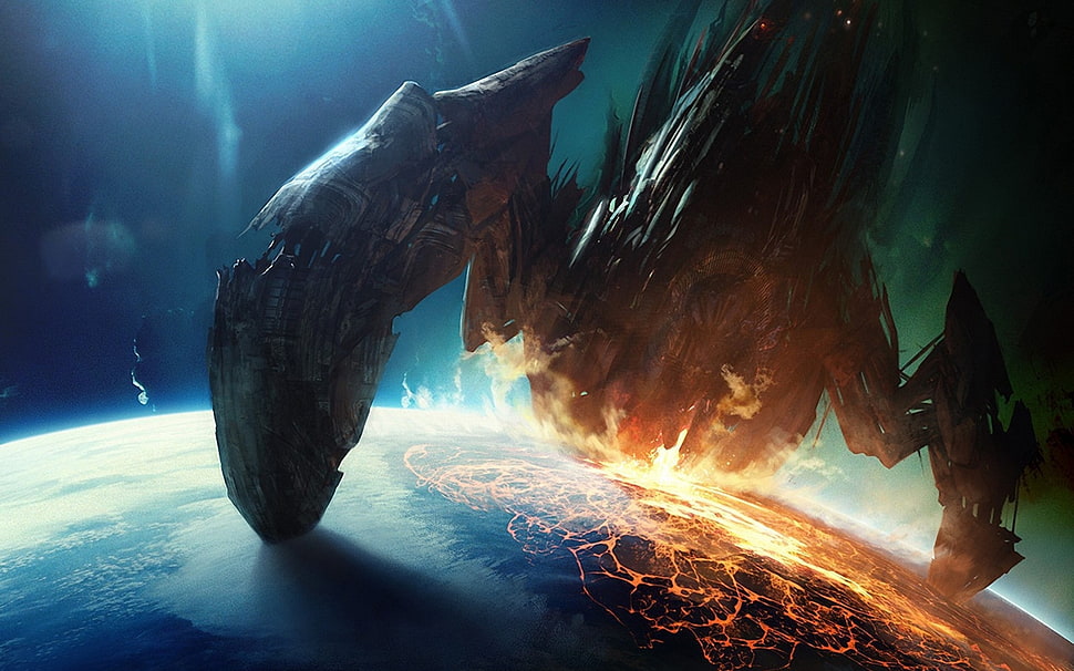 gray alien ship illustration, science fiction, apocalyptic, space art, planet HD wallpaper