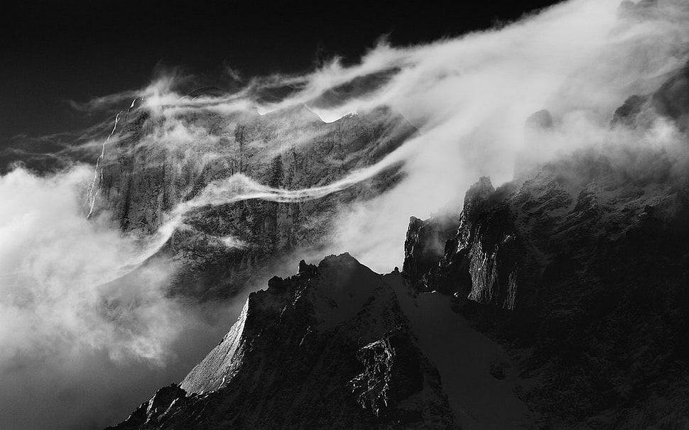 grayscale photo of a man, nature, landscape, mountains, monochrome HD wallpaper