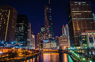 lighted high rise buildings during nigh time, chicago HD wallpaper