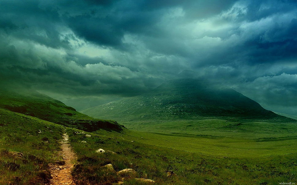 green grass covered mountain under blue sky HD wallpaper