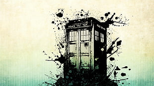 telephone booth illusration, science fiction, TARDIS, vector art, paint splatter