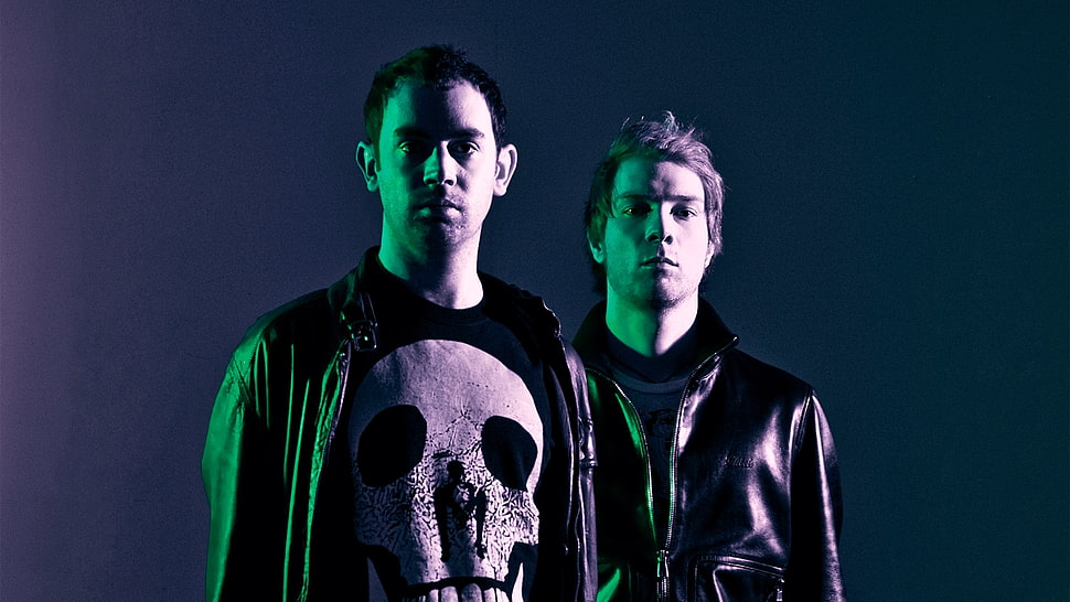 two man in black standing near black studio wall HD wallpaper
