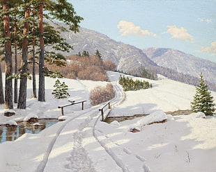 brown wooden bridge near trees, winter, bridge, painting, snow