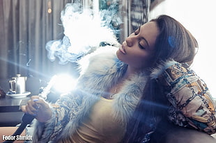 woman smoking on couch HD wallpaper