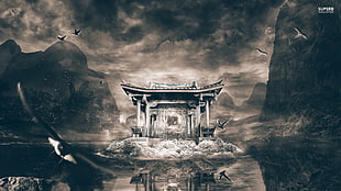 gray pagoda under cumulus nimbus clouds HD wallpaper