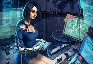 woman looking at computer illustration HD wallpaper