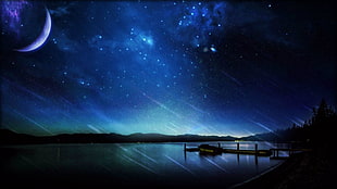 boat near dock under crescent moon digital wallpaper, landscape, sky, Moon