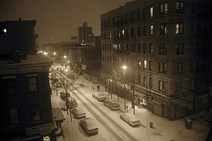 gray concrete building, street, snow, cityscape, New York City