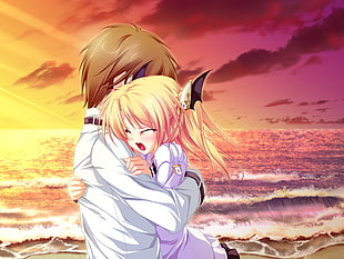 boy and girl in white and purple tops hug each other near wavy sea wallpaper