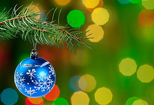 blue and grey Christmas bauble on Christmas tree