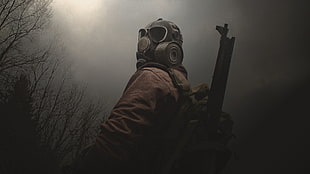 men's brown jacket and mask, S.T.A.L.K.E.R., gas masks, forest HD wallpaper