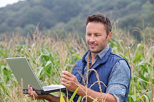 man in blue bubble vest holding laptop computer on corn field during daytime HD wallpaper