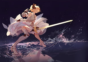 female in white dress holding sword anime