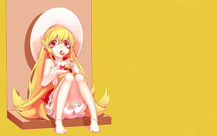 female anime character sitting on pink shelf, Monogatari Series, Oshino Shinobu, donut, anime HD wallpaper