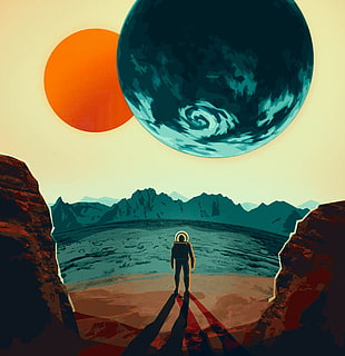 person standing near seashore illustration, science fiction HD wallpaper
