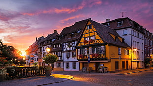 white and yellow concrete buildings, city, sunset, Colmar