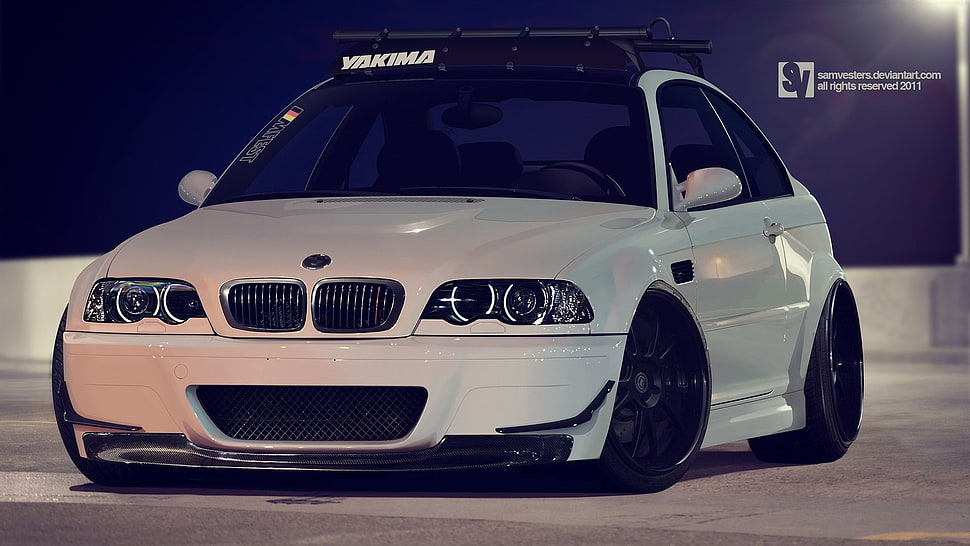 white BMW E46 M3 coupe on black top road HD wallpaper