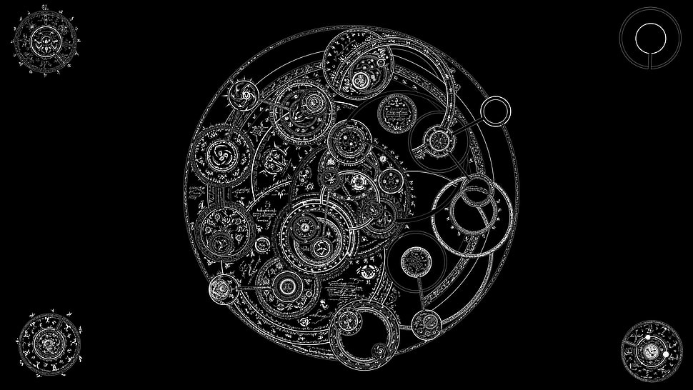 round white and black illustration, circle, black background, monochrome, gears HD wallpaper