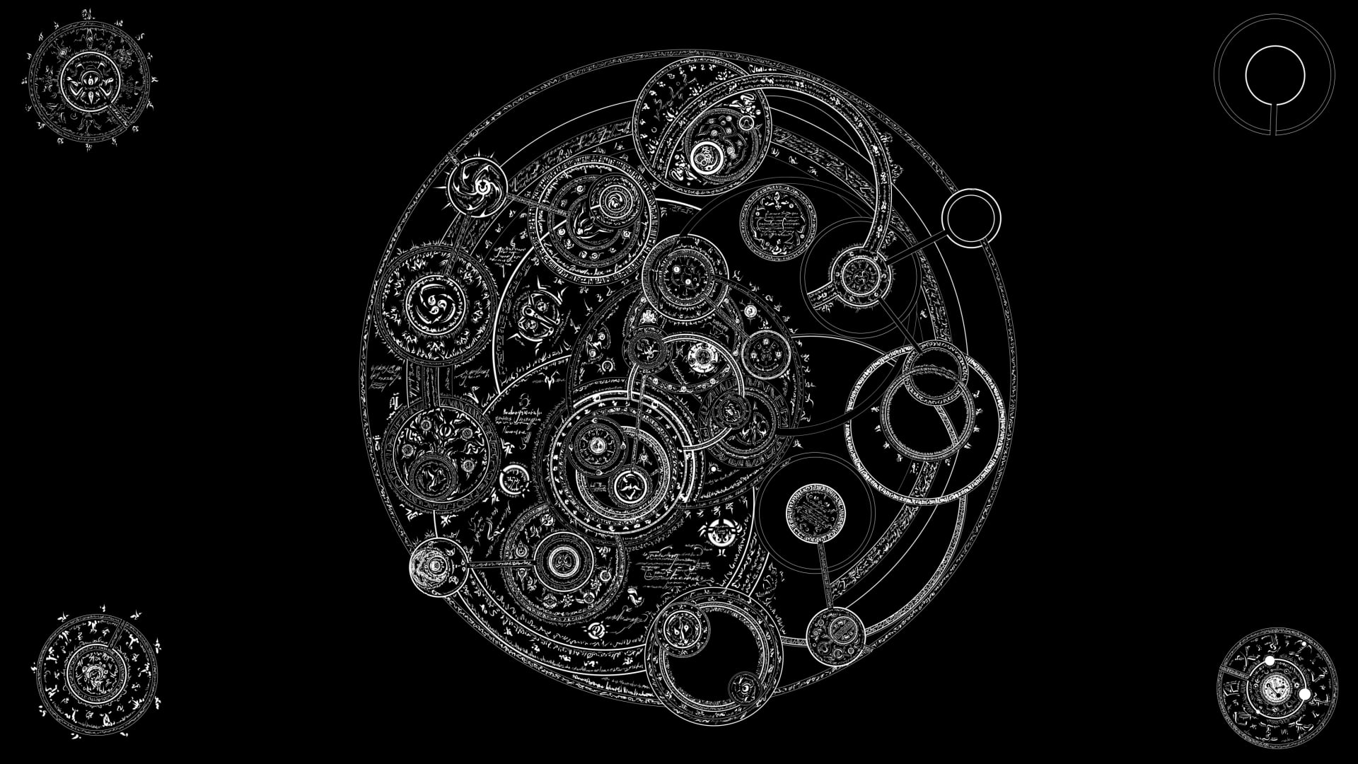round white and black illustration, circle, black background, monochrome, gears
