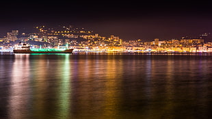 photo of ship in body of water beside city during nighttime, Ajaccio, sea, night, lighter