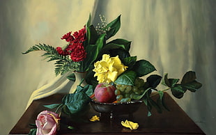 assorted fruits with assorted flowers still-life photography