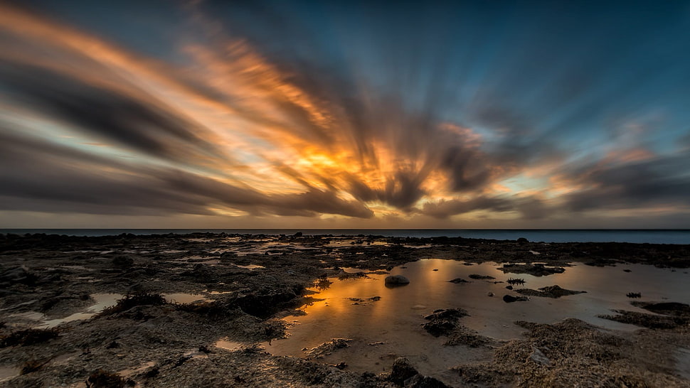timelapse photography of soil and clouds at sunset, nature, landscape, long exposure, water HD wallpaper