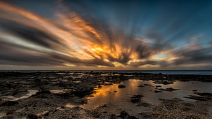 timelapse photography of soil and clouds at sunset, nature, landscape, long exposure, water