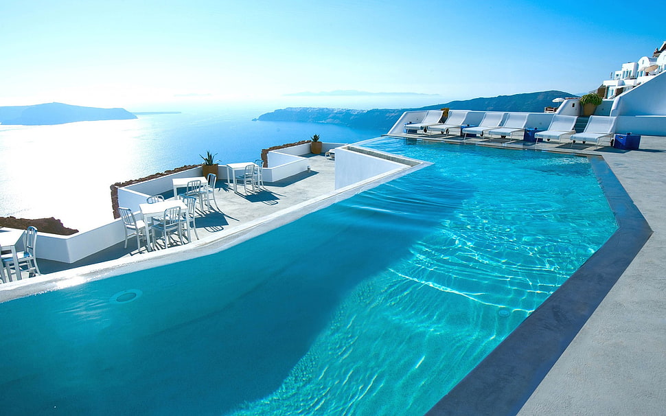 swimming pool, Greece, Santorini, hotel, luxury HD wallpaper