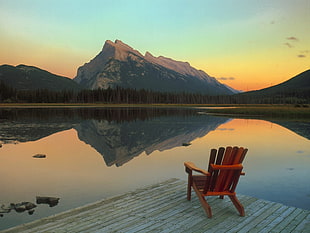 brown wooden armchair, mountains, lake, reflection, Banff National Park