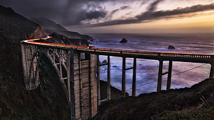 brown and white wooden house, bridge, landscape, clouds, sky