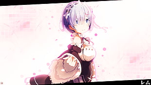 purple haired female cartoon character, blue hair, cherry blossom, lightning, Re:Zero Kara Hajimeru Isekai Seikatsu