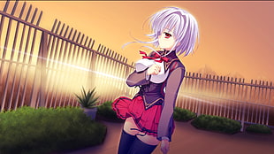 white-haired female anime character wearing gray and red uniformt