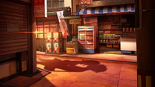white beverage refrigerator, anime, shadow, alleyway, stores