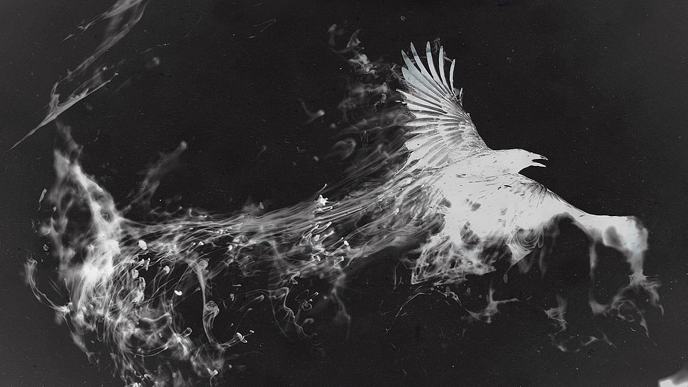 gray eagle digital wallpaper, birds, photo manipulation, smoke, monochrome HD wallpaper
