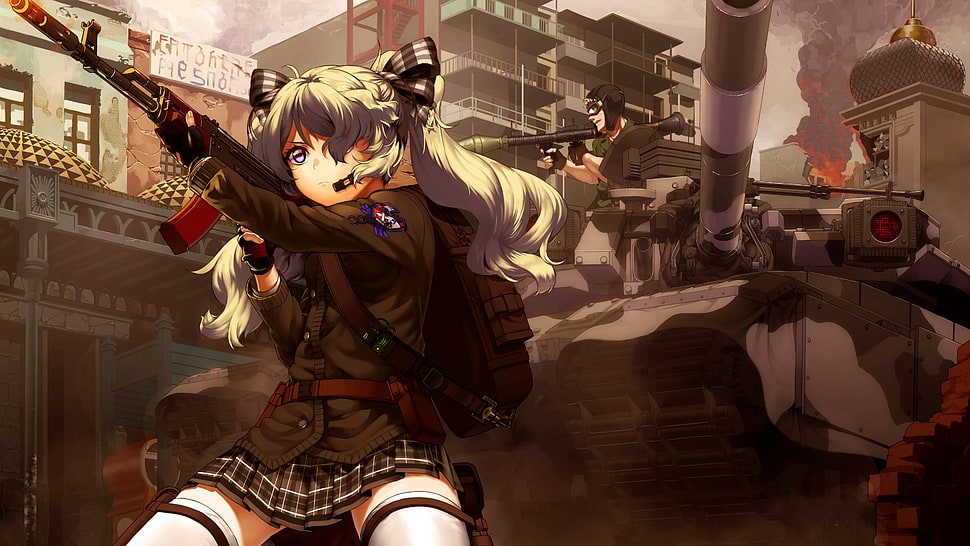 female anime character holding AK47 assault rifle in front of gray tank illustration HD wallpaper