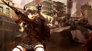 female anime character holding AK47 assault rifle in front of gray tank illustration