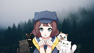 brown-haired female anime character, Tokyo Dark, anime, cat, forest