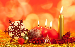 assorted candles, New Year, snow, Christmas ornaments , snowflakes HD wallpaper