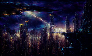 ship and building painting, science fiction, futuristic city