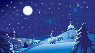 house covered with snow during night illustration, digital art, nature, Moon, stars