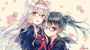 two female characters digital wallpaper, glasses, school uniform, headband
