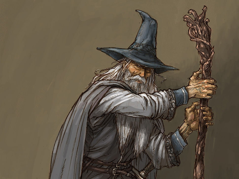 wizard holding cane illustration, Gandalf, artwork, The Lord of the Rings, wizard HD wallpaper