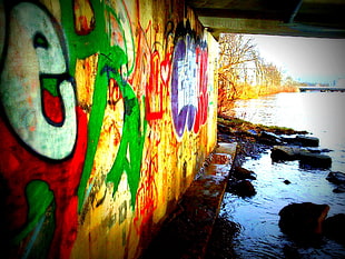 yellow and purple painted wall, graffiti, river, wall, urban
