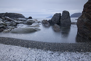 gray scale photo of sea shore
