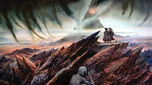 two person walking on dead valley illustration HD wallpaper