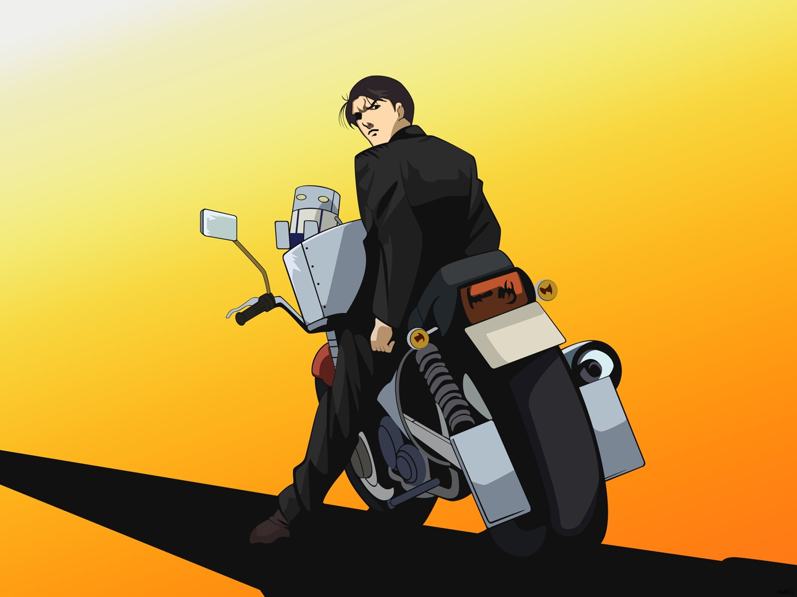 man riding motorcycle anime character