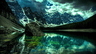 body of water near snow covered mountain digital wallpaper, mountains, lake